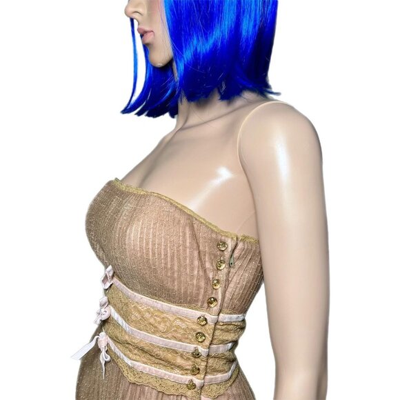 Vintage Betsey Johnson Strapless Olive Green Dress w/ Velvet Bows & Jewel Button - Picture 2 of 8